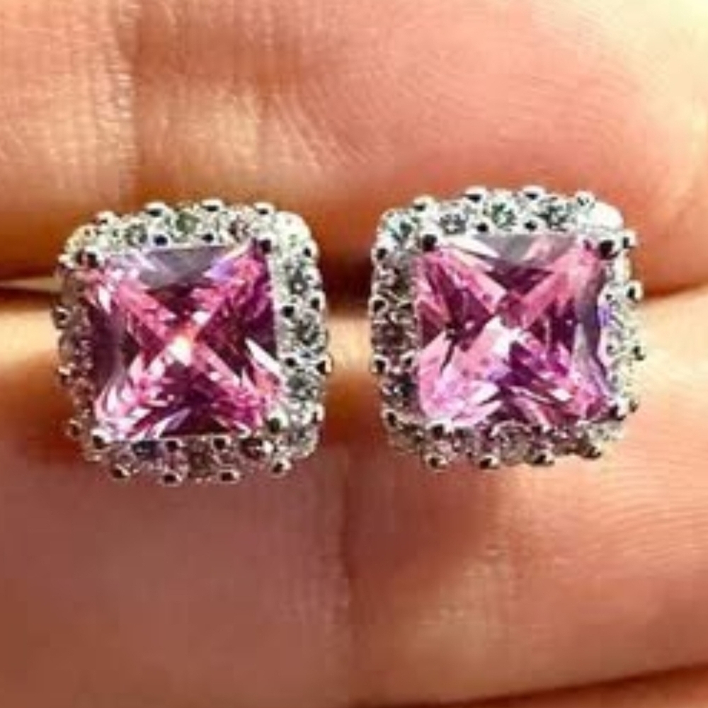 Pink Tourmaline Earrings Stud Sterling Silver 925, Cushion Cut Earrings, 9.9mm - Picture 4 of 10
